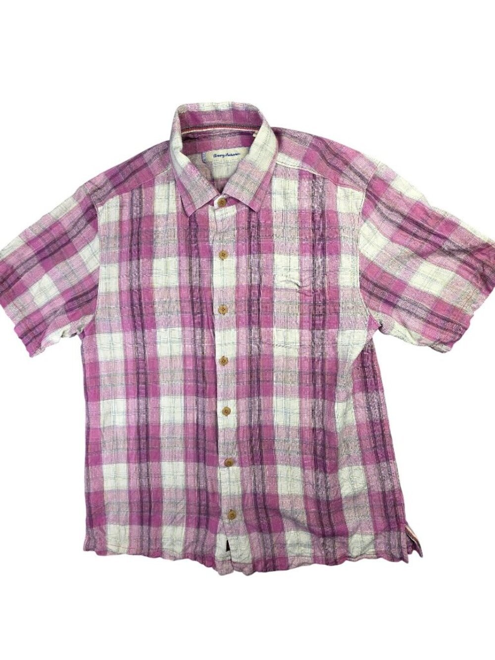 Tommy Bahama Shirt Mens L Pink Plaid Silk Camp Woven Short Sleeve Preppy Casual